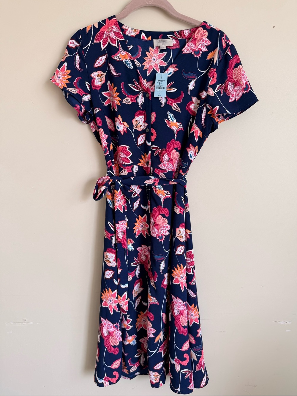 LOFT Navy One-Piece Dress with Pink Floral Print